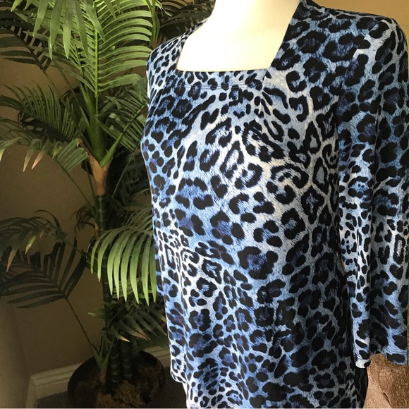 Susan Graver blue animal print square neck stretch top - Picture 5 of 5